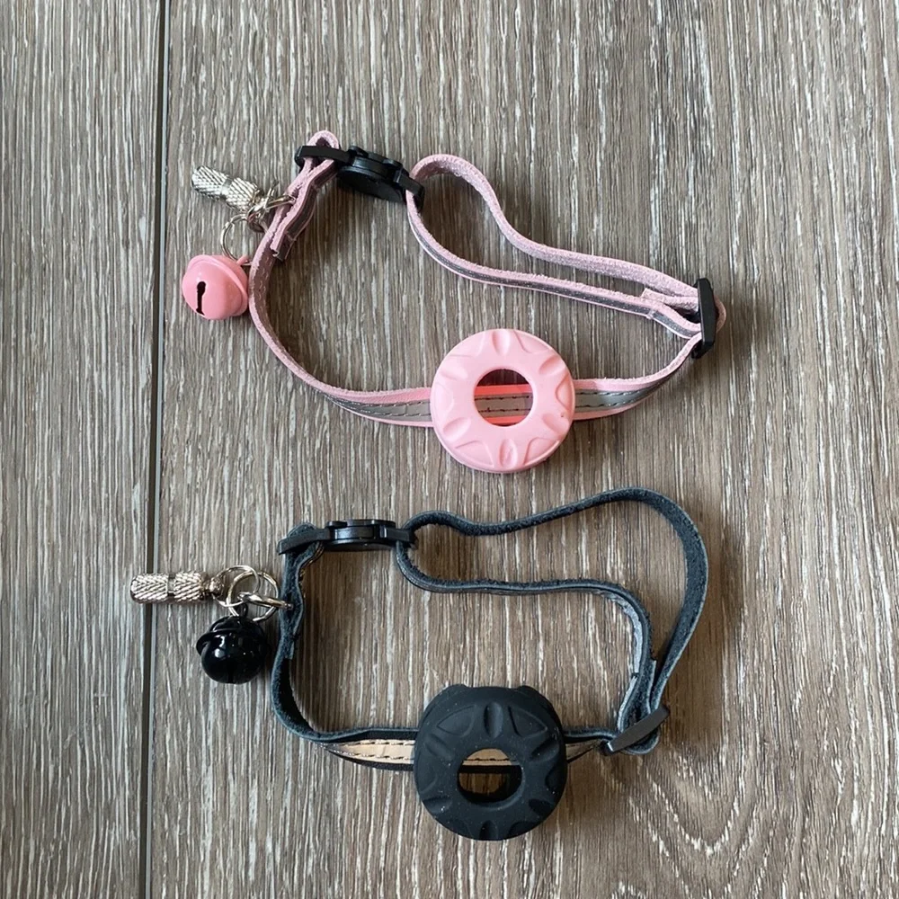 NEW! BUNDLE Two Cat Collars Leather AirTags Reflective Bell ID Pink Black 8”-14”